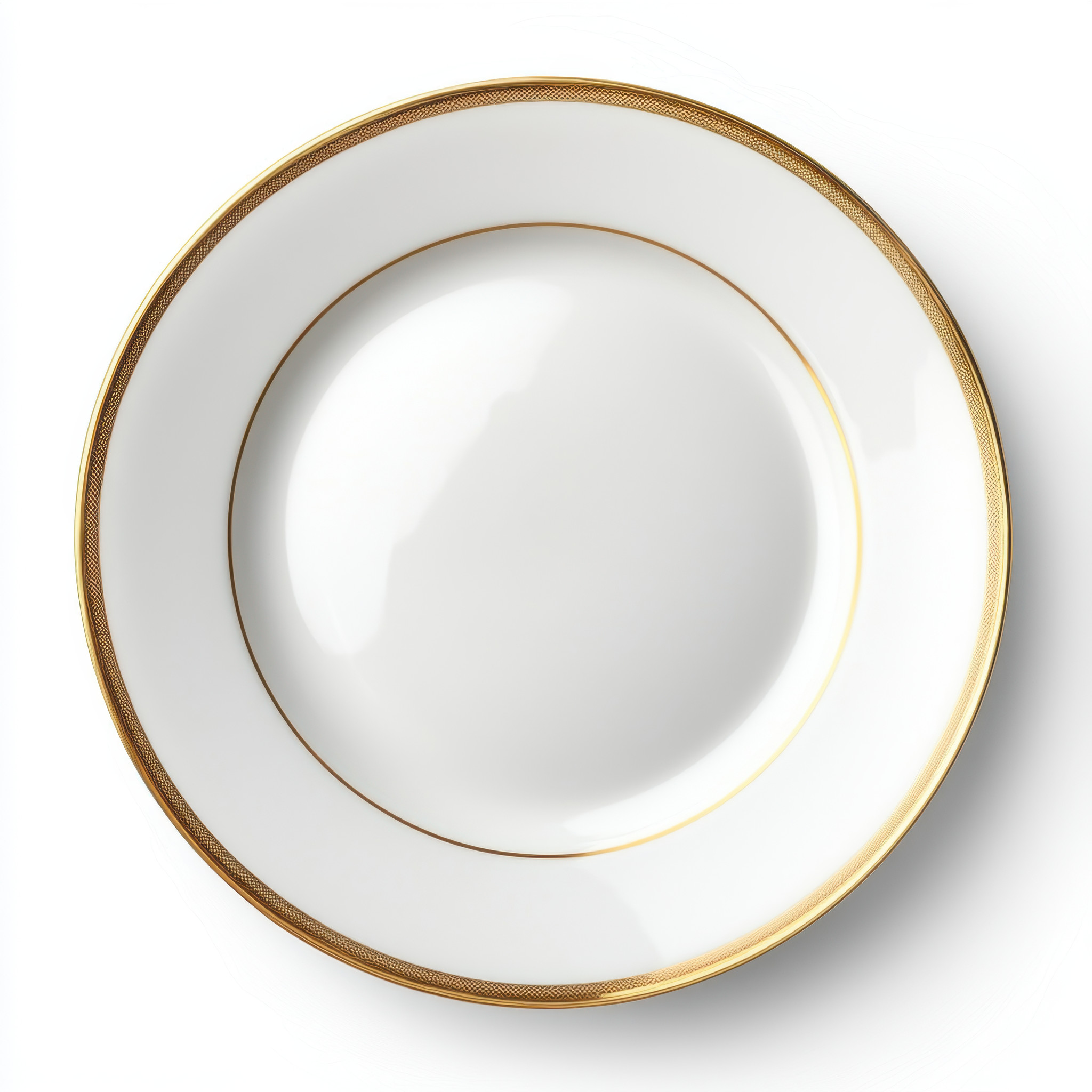 Elegant white porcelain plate with delicate gold trim ideal for upscale dining, special occasions, and gourmet presentations